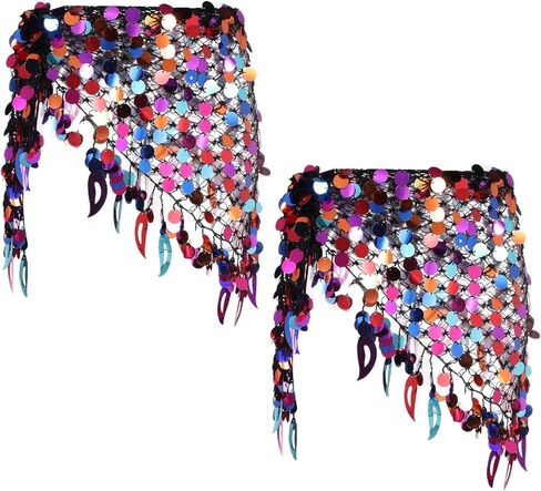 MECCANIXITY Women's Belly Dance Hip Scarf with Sequins Mesh Triangle Wrap Skirts Waist Chain for Music Festival Party Costume Performance(Gold Tone, Pack of 2) in Kuwait