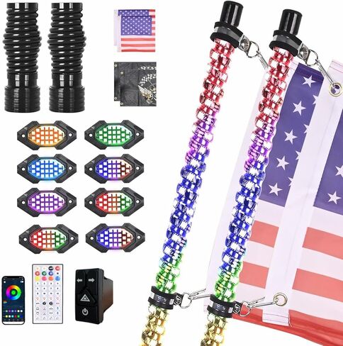 2PCS 4FT LED Whip Light and 6 Pods Rock Light Kit with Spring Base, Spiral RGB Chase and Music Lights Whips with Rocker Switch, App & Remote Control, for UTV ATV RZR SXS Can-Am Polaris in Kuwait