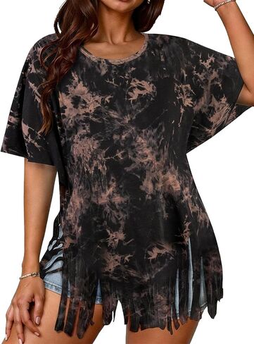 Remidoo Womens Fringe HEM Short Sleeve Round Dound The Shirt Teep Excerize Tope in Saudi Arabia