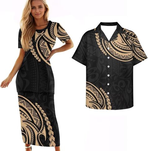 Samoa Couple Outfit Polynesian Dress for Women Traditional Puletasi Shirts for Men Beach Lava Lava Luau in Kuwait