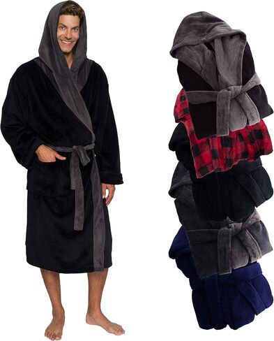 Ross Michaels Mens Robe Hooded Wrap Style - Mid Length Plush Fleece Bathrobe (Black, Large/X-Large) in Saudi Arabia