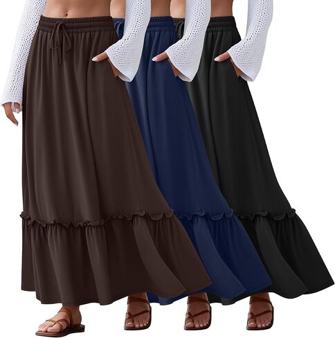 Ficerd 3 Pack Women's Boho Maxi Skirts, Long Tiered Skirt Flowy Ruffle High Waist Drawsting Casual Dress with Pockets in Saudi Arabia