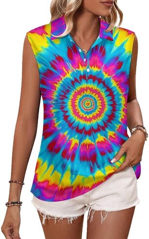 JooMeryer Womens Button Down Golf Polo Shirts Colorful Tie Dye Sleeveless Tank Top XS-4X in Saudi Arabia