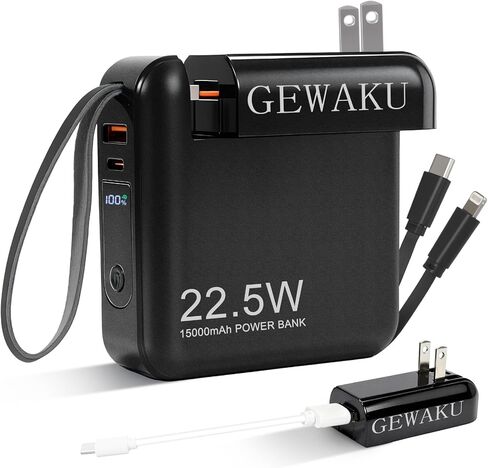 Portable iPhone Charger 15000mAh, 22.5W Fast Charging Power Bank Built-in USB-C Cable & AC Wall Plug, 3-in-1 Compact Battery Pack Travel Essentials for iPad, Android, Samsung (White) in Kuwait