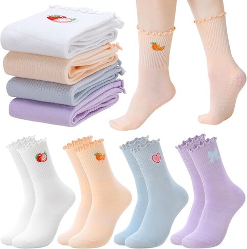 Jspupifip 4 Pairs Women Non-Slip Yoga Socks Cute Ruffle Grippy Socks for Pilates Barre Ballet Fitness Workout in Saudi Arabia