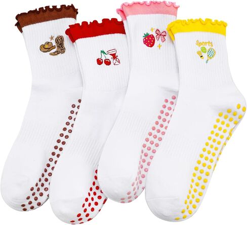 Jspupifip 4 Pairs Women Non-Slip Yoga Socks Cute Ruffle Grippy Socks for Pilates Barre Ballet Fitness Workout in Saudi Arabia