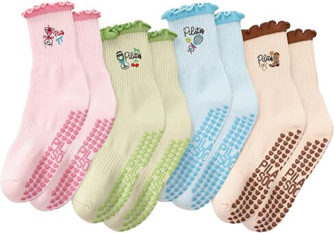 Jspupifip 4 Pairs Women Non-Slip Yoga Socks Cute Ruffle Grippy Socks for Pilates Barre Ballet Fitness Workout in Saudi Arabia