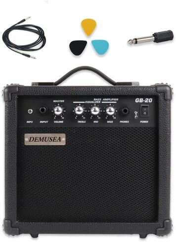 20W Watt Electric Bass Guitar Black Amplifier Portable Travel Mini Practic Amp Headphone Jack Aux Treble Middle Bass Mp3 with Cable Adapter Guitar Picks in in Kuwait