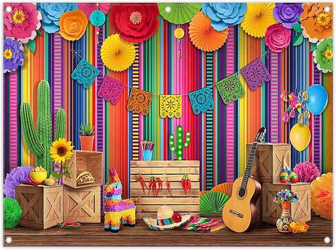 7x5ft Fabric Cinco De Mayo Backdrop Mexican Fiesta Colorful Stripes Flower Chili Cactus Guitar Photography Background Festival Party Decorations Photo Booth Banner in Saudi Arabia