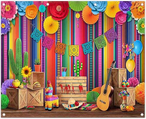 7x5ft Fabric Cinco De Mayo Backdrop Mexican Fiesta Colorful Stripes Flower Chili Cactus Guitar Photography Background Festival Party Decorations Photo Booth Banner in Saudi Arabia