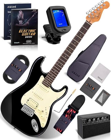 AKLOT Stryde Electric Guitar with Coil-Split: Roasted Maple Neck, Flame Maple Graphic Top, HSS Ceramic Pickups, Beginner Guitar Kit with 10W Amp, Gig Bag, Strap, Picks, Lesson Book, Violet Venom in Kuwait