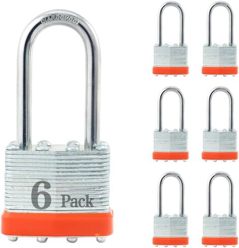 قفل فولاذي مصفح، أقفال ذات مفاتيح على حد سواء، قفل تكبل عادي، جسم عريض 1-9/16 بوصة (40 مم)، حزمة من 6 قطع، حلقة برتقالية in Kuwait