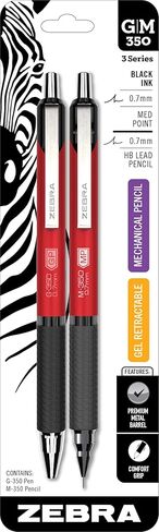 Zebra Pen G-350 and M-350 Retractable Gel Pen/Mechanical Pencil Set, Premium Red Metal Barrel, Medium Point, 0.7mm, (11132), 2-Count (Pack of 1) in Kuwait