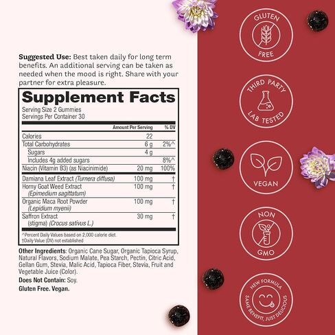Winged Wellness Love Bites, Libido Booster for Women with Maca Root - Libido & Pleasure Booster with Horny Goat Weed & Damiana - Natural Aphrodisiac Gummy Supplement - Wild Blueberry, 60 Vegan Gummies in Saudi Arabia