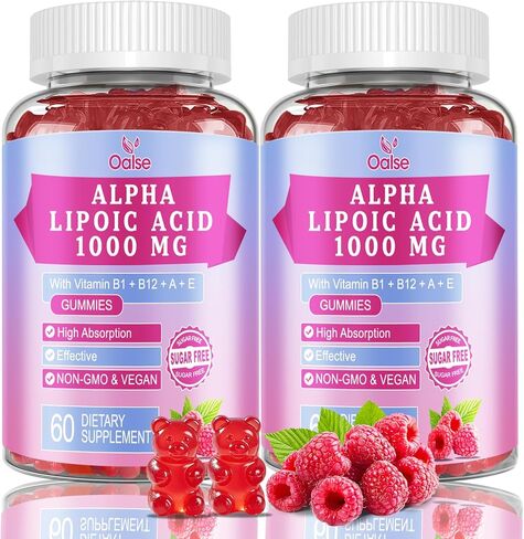 Alpha Lipoic Acid Gummies 1000Mg with Vitamin B1, B12, A, E - High Absorption Sugar Free Chewable ALA Supplement for Energy and Nerve* Support,Raspberry Flavor, 60 Gummies in Kuwait