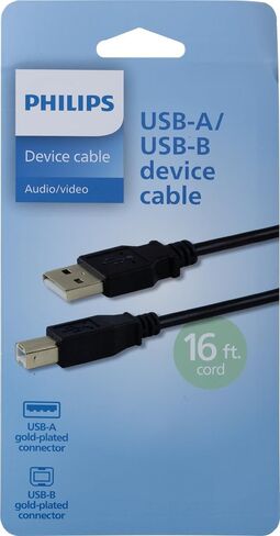 Philips USB-B to USB-C Printer Cable, 16 Ft Long Cord, Connect Laptop or Desktop, Data Transfer 480 Mbps, Gold Plated, HP, Canon, Brother, Samsung, Dell, Epson, Lexmark, Xerox, Black, SWV3173B/37 in Kuwait