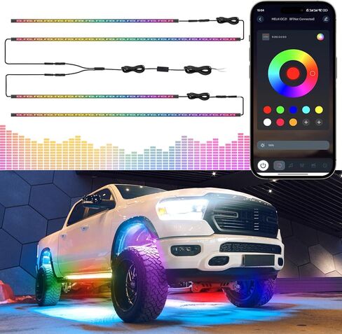 Livtee RGB LED Rock Lights Kit ، 4 قرون مقاومة للماء أضواء النيون مع التحكم في تطبيق Bluetooth - Clof Multi -Color & Music Sync Wheel Light للشاحنات SUV UTV ATV RZR Golf Cart in Kuwait