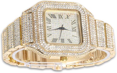 Halukakah Men's Watch - The King - 18K Gold/Platinum Plated, 40MM Square Dial, Diamonds Iced Out Wristband, Optional with Cuban Link Chain Necklace or Bracelet, Comes in Giftbox, for Boyfriend Husband in Saudi Arabia