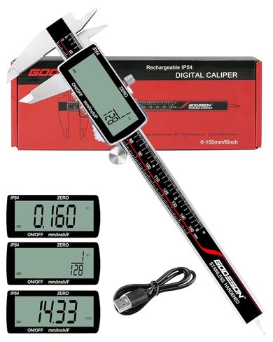 Godeson Digital الفرجار ، IP54 الفرجار ، الصلب غير الخالي من الصلب وشاشة LCD كبيرة ، عرض ميكرومتر رقمي قابلة لإعادة الشحن بوصة/متري/الكسور ، 6 بوصات الفرجار الرقمي-المقياس والسيارات التلقائي in Saudi Arabia