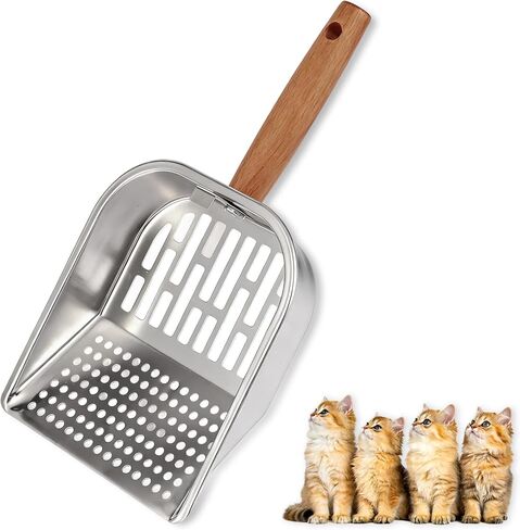Metal Litter Scoop, Pooper Scooper with Wooden Handle, Cat Litter Deep Scoop, Metal Scooper & Speed Sifter Deep Shovel Scoop Filter,Kitten Pooper Lifter for Litter Box (Silver) in Kuwait