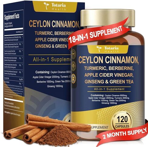 (2 Packs) 18-in-1 Organic Ceylon Cinnamon Capsules 20:1 Extract, Powerful Ceylon Cinnamon Berberine Supplement w/Apple Cider Vinegar Turmeric Bitter Melon, for Metabolism, Heart, Energy, Non-GMO in Saudi Arabia