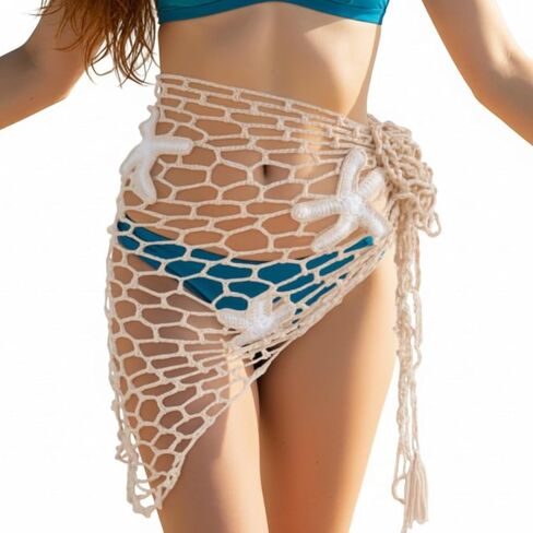 Women Crochet Cover up Skirt Hollow out Triangle Shawl Wrap Mermaid Sarong Fishnet Swimwear Starfish Beach Skirt in Saudi Arabia