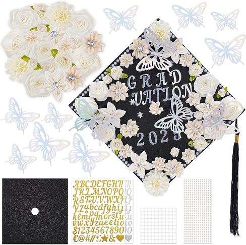مجموعة زخارف Cap Visstree التخرج - 56 PCS DIY CAP DERICATION WITH PINK FLOY FLOWER FLOWER FLOWER FLOWER FLOWER FLOWER FLOWER LETTERS FLUSTERS 3D BLATFLY FOR 2025 GRAGUTION DUT GRAD HATS TOPPER in Kuwait