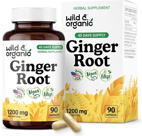 Wild & Organic Ginger Root Capsules 1200 mg - Immune & Digestive Support - Natural Ginger Supplements - Zingiber Officinale Powder - 30 Days of Supply - Vegan, No Fillers, Non-GMO - 60 Count in Saudi Arabia