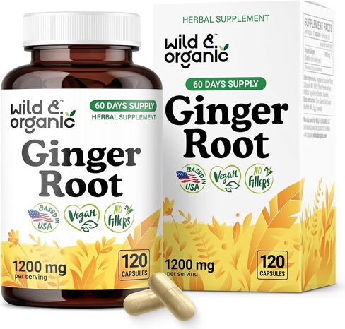 Wild & Organic Ginger Root Capsules 1200 mg - Immune & Digestive Support - Natural Ginger Supplements - Zingiber Officinale Powder - 30 Days of Supply - Vegan, No Fillers, Non-GMO - 60 Count in Saudi Arabia