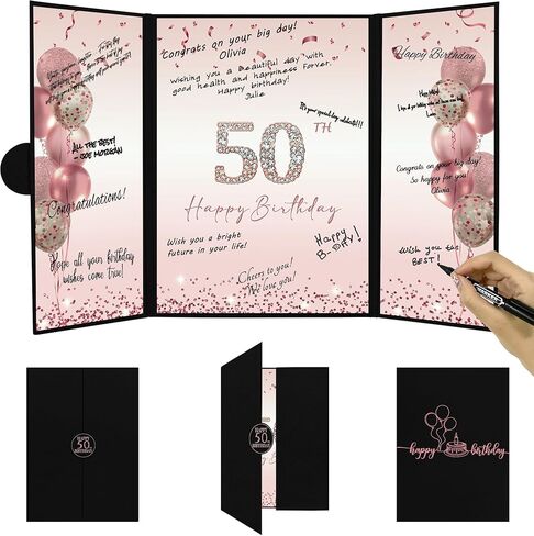 DARUNAXY الوردي الساخن 50 زينة حفلة عيد ميلاد للنساء، عيد ميلاد سعيد 50 بديل التوقيع كتاب الضيوف الوردي 50 عيد ميلاد توقيع بطاقة المجلس لوازم الحفلات هتاف إلى 50 عامًا من الهدايا القديمة in Kuwait
