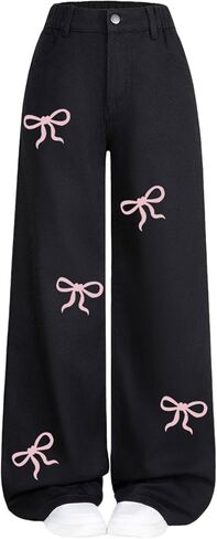 Floerns Girl's Y2K Bow Rhinestone Baggy Jeans Cute Wide Leg Casual Denim Pants with Pocket in Saudi Arabia