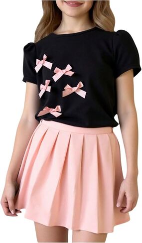 Girl's 2 Piece Preppy Summer Outfits 3D Bowknot T Shirt and Mini Pleated Skirts Clothing Set in Kuwait