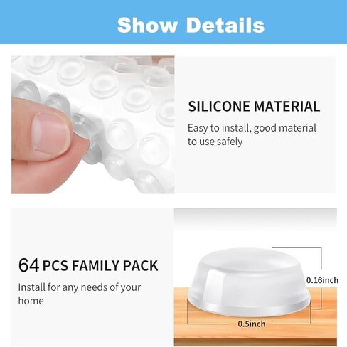 2Pack Self Adhesive Bumpers - 1/2" Diameter - 64pcs - Standard Clear Round Bumper for Cabinets, Drawers, Cutting Boards, Picture Frames and Furniture - Sound dampening Protects Against Damage in Saudi Arabia