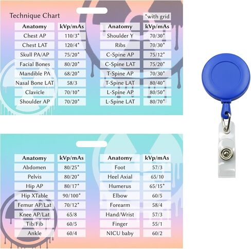 Xray Badge Buddy Radiology Reference Card - Horizontal kVp Technique Chart Cheat Sheet for Rad Tech Students and Technologists - PVC X-Ray Tech Essentials in Kuwait
