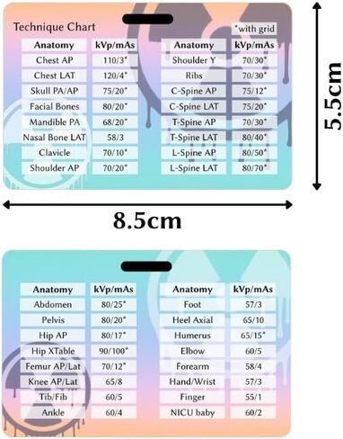 Xray Badge Buddy Radiology Reference Card - Horizontal kVp Technique Chart Cheat Sheet for Rad Tech Students and Technologists - PVC X-Ray Tech Essentials in Kuwait