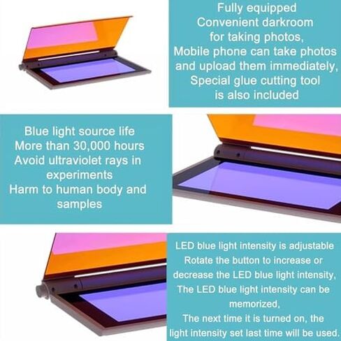 جهاز نقل الضوء LED الأزرق من Acivirdde مع مرشح كهرماني قابل للتعديل وشدة ضوء قابلة للتعديل، يستخدم لتصور الرحلان الكهربائي الهلامي. in Kuwait