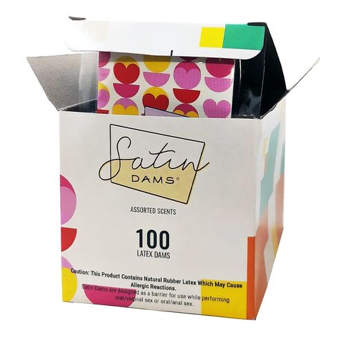 Satin Dams® Box of 100 Assorted Latex Oral Dams | Grape, Strawberry, Vanilla and Spearmint Scented Dental Dams | Bulk Hermetically Sealed Dams in Kuwait