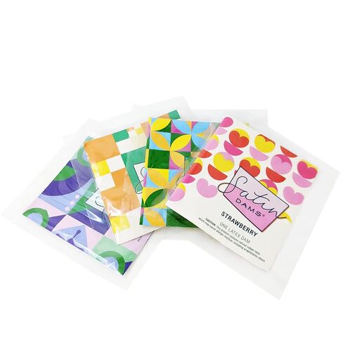 Satin Dams® Box of 100 Assorted Latex Oral Dams | Grape, Strawberry, Vanilla and Spearmint Scented Dental Dams | Bulk Hermetically Sealed Dams in Kuwait