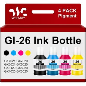Weemay Compatible GI-25 Pigment Refill Bottle Ink GI-25BK Replacement for Canon 25 GI-25 GI25 Ink use with Canon MAXIFY MegaTank GX1020 GX2020 Printer (Black,Cyan,Magenta,Yellow,4-Pack,190ml) in Kuwait