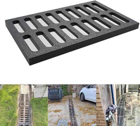 Cast Iron Drain Grate, 24 * 12in Outdoor Drain Cover, B125 Class Ductile Iron Channel Drainage Grates, Heavy Duty Sewer Grate,Black Rectangle Drain Grate for Yard,Driveway,Concrete Floor. in Kuwait