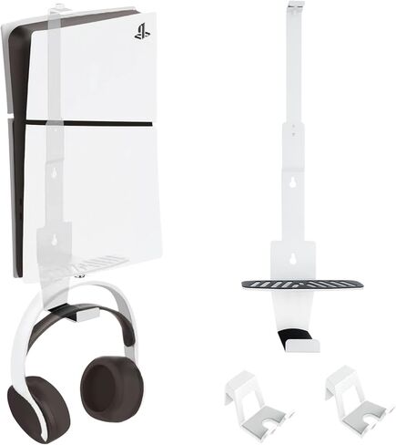 PS5 Wall Mount, Heavy-Duty Steel Mount Kit for Protection & Cooling with 2 Controller Holder and Headset Holder,Compatible with All PS5 Models Including Slim, Pro, Original(White) in Kuwait