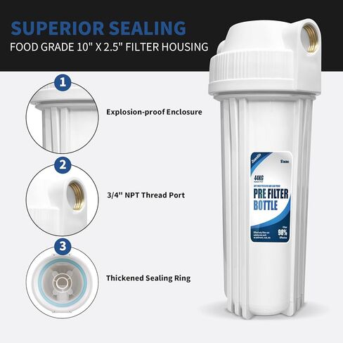 Whole House Water Filter Housing, Fit 10"x2.5" Sediment etc Filters for Well and City Water, Pre-Filtration System for Home, 3/4" Brass Port, Heavy Duty Steel Bracket, 4 Screws, Wrench, 1 Pp Cotton in Kuwait