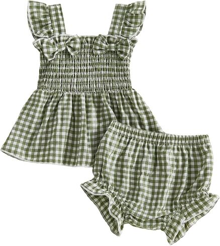 Toddler Girl Summer Clothes Baby Girl Smocked Ruffle T Shirt Top Short Set Little Kids Girl Outfit Beach Essential in Saudi Arabia