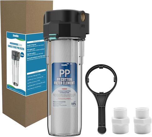 Whole House Water Filter Housing, Fit 10"x2.5" Sediment etc Filters for Well and City Water, Pre-Filtration System for Home, 3/4" Brass Port, Heavy Duty Steel Bracket, 4 Screws, Wrench, 1 Pp Cotton in Kuwait