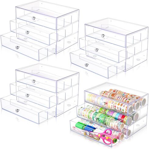 3 درج Washi Tape Organizer البلاستيك Washi Storage Storage Cube Organizer Box 10 "× 7" × 6.8 "حامل درج تخزين كبير واضح للفنون الحرف الفنية مكياج المجوهرات in Kuwait