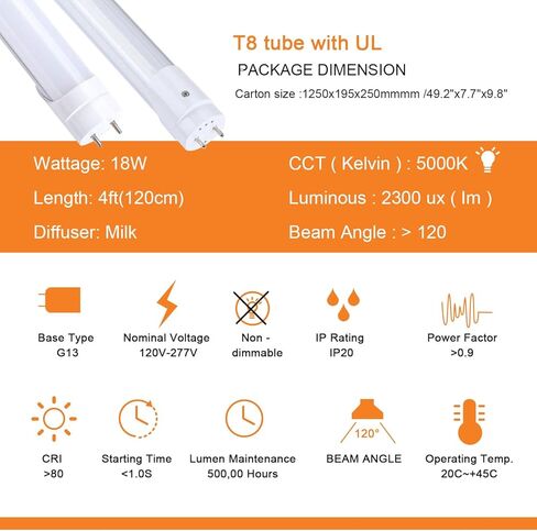 H&B Luxuries 20-Pack T8 LED 4FT Type A+B لمبات الإضاءة 18W، 2300LM، قاعدة G13، التوصيل والتشغيل أو تجاوز الصابورة، استبدال مصابيح الفلورسنت T8 T10 T12، UL وDLC (5000K) in Kuwait