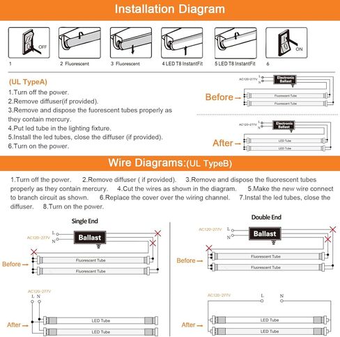 H&B Luxuries 20-Pack T8 LED 4FT Type A+B لمبات الإضاءة 18W، 2300LM، قاعدة G13، التوصيل والتشغيل أو تجاوز الصابورة، استبدال مصابيح الفلورسنت T8 T10 T12، UL وDLC (5000K) in Kuwait