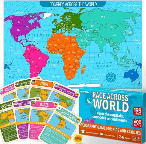 لعبة جغرافيا خريطة Quokka World Map للأطفال الذين تتراوح أعمارهم بين 8 و 12 عامًا والعائلات-تعلم العواصم والأعلام والحقائق ومواقع الخريطة مع 195 بطاقة ريفية ، رقائق ، لوحات وعملة معدنية-لعبة تعليمية ممتعة in Kuwait