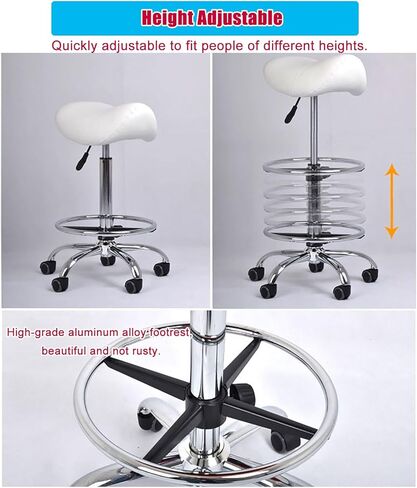 Ergonomic White Medical Saddle Chair on Wheels, 66-87 cm Rolling Swivel Stool for Beauty, Tattoo, Lash & Dentist Studios - Comfortable Saddle Seat for Professionals in Saudi Arabia