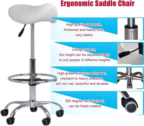 Ergonomic White Medical Saddle Chair on Wheels, 66-87 cm Rolling Swivel Stool for Beauty, Tattoo, Lash & Dentist Studios - Comfortable Saddle Seat for Professionals in Saudi Arabia